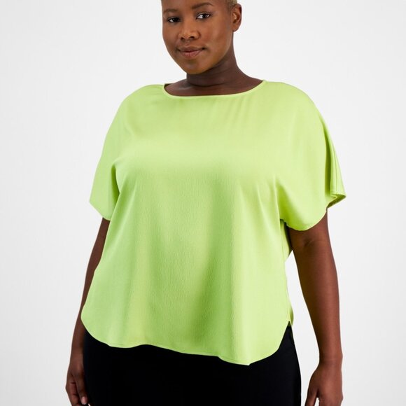 Anne Klein Plus Size Boat-Neck Short-Sleeve Blouse - Lime Green, 1X, NWT - Picture 1 of 4